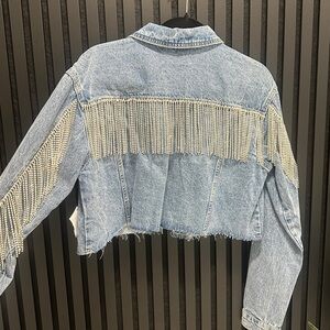 Rhinestone Fringe Cropped Denim Jacket